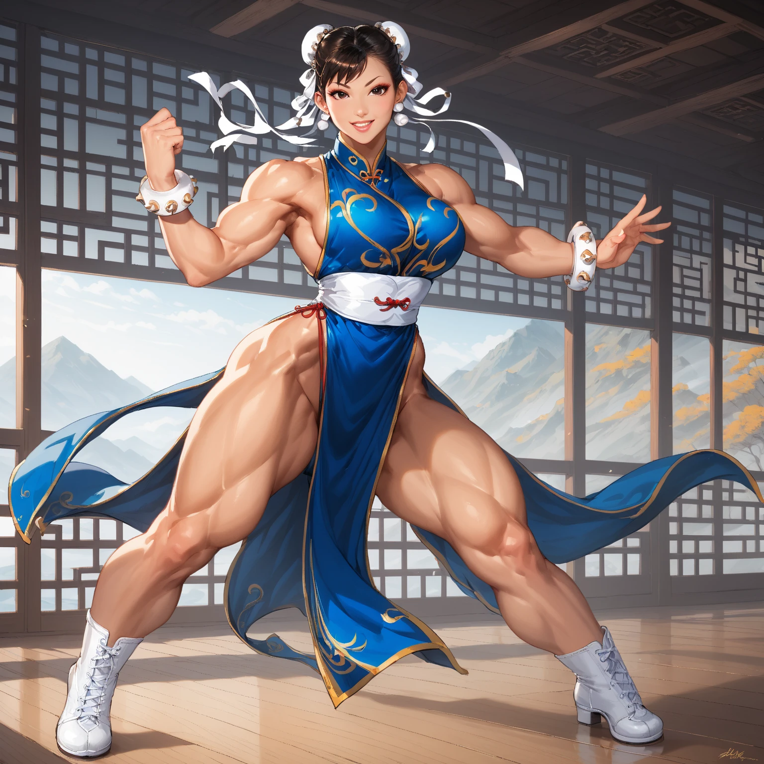 tmasterpiece,finely detailled,Burly woman,Toned muscles,on cheongsam,Don't hold anything in your hands,blackstockings,Pointed-toe heels, Full body like,You can see the feet from the head, Mature female face, Single female,Very fair skin,Thin waist,Very broad shoulders, Strong and powerful arms,Very long legs,looking toward the viewer