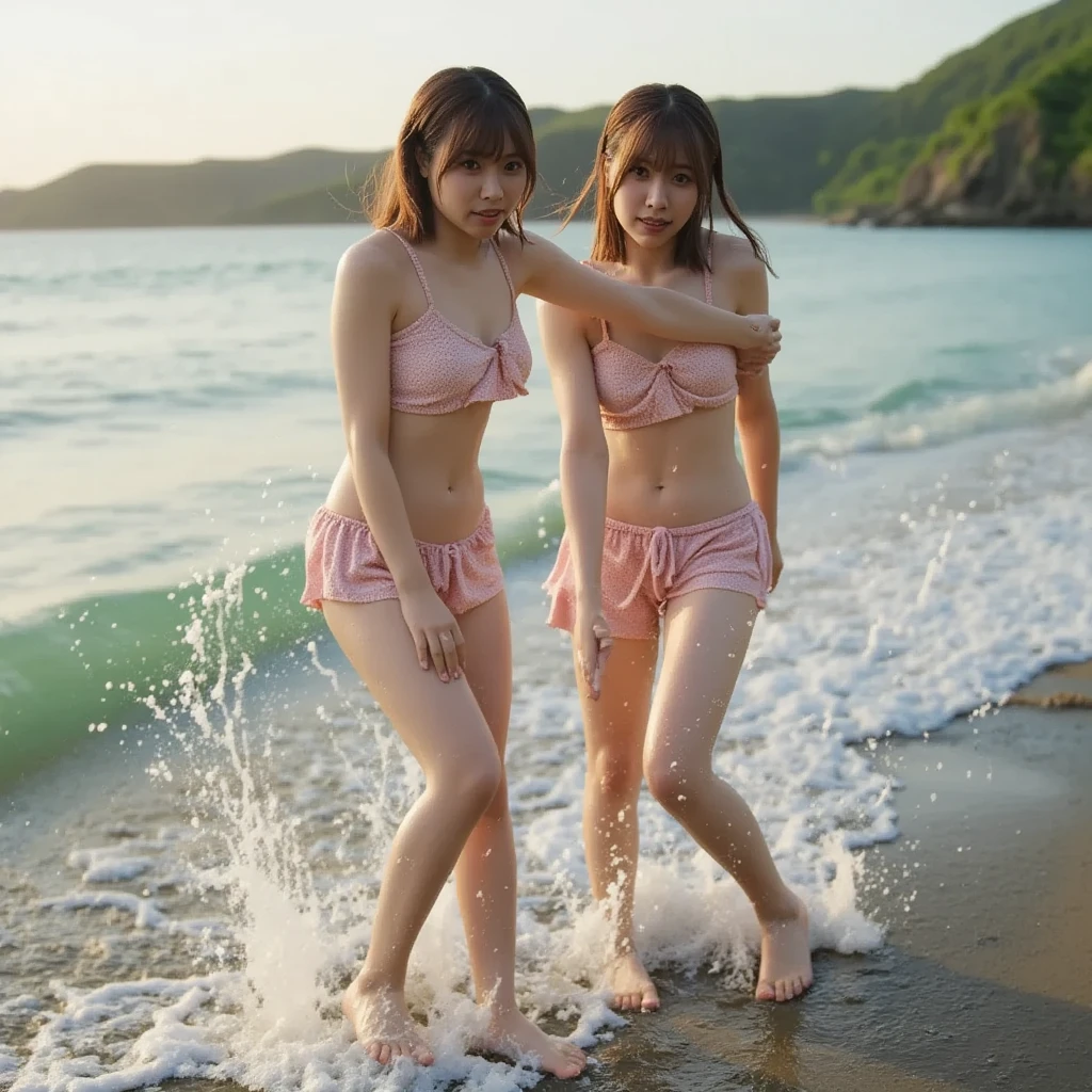 K-pop idols、Female sexy、With bangs、Two Women、a smile、holding each other、maikurobikini、Soak in a river in the mountains、They are wet