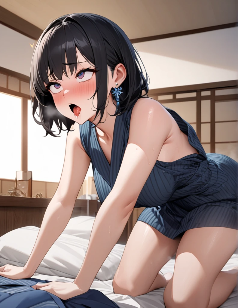 (spreading own hip), looking back, masterpiece, best quality, (blue dress:1.3), bottomless, rice shower, hair covers right eye, 1 girl, detailed beautiful face, embarrassed, blush, small breast, thin arms, thin legs, from back, (grabbing own ass), (bent over), stick out ass, (love juice:1.5), after sex:1.3, on bed, all fours, open mouth,