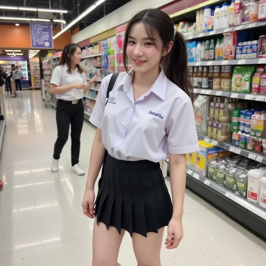 (((full bodyesbian)))、((Girls' High School Uniforms))、((1a person))、Close to the subject、((a chool buildings)))、(((ssmile)))、(((Girls' High School)))、((a beauty girl))、((cute sexy pose))、Photorealsitic、Beautiful detailed eyes、Hyper-Realism、highcontrast、Ultra HD、realistic skin textures、Top image quality、top-quality、Caucasian woman、dark blonde、blue eyes、long hair、setting hair、Her hair is loosely braided and falls over her shoulders.、smile、accessories on the wrist、Slender but well-proportioned muscular body、smile、big chest、smile、be tall、wearing sandals、I'm shopping at a nearby supermarket.、Pushing cart、no panty no bra、NSFW,