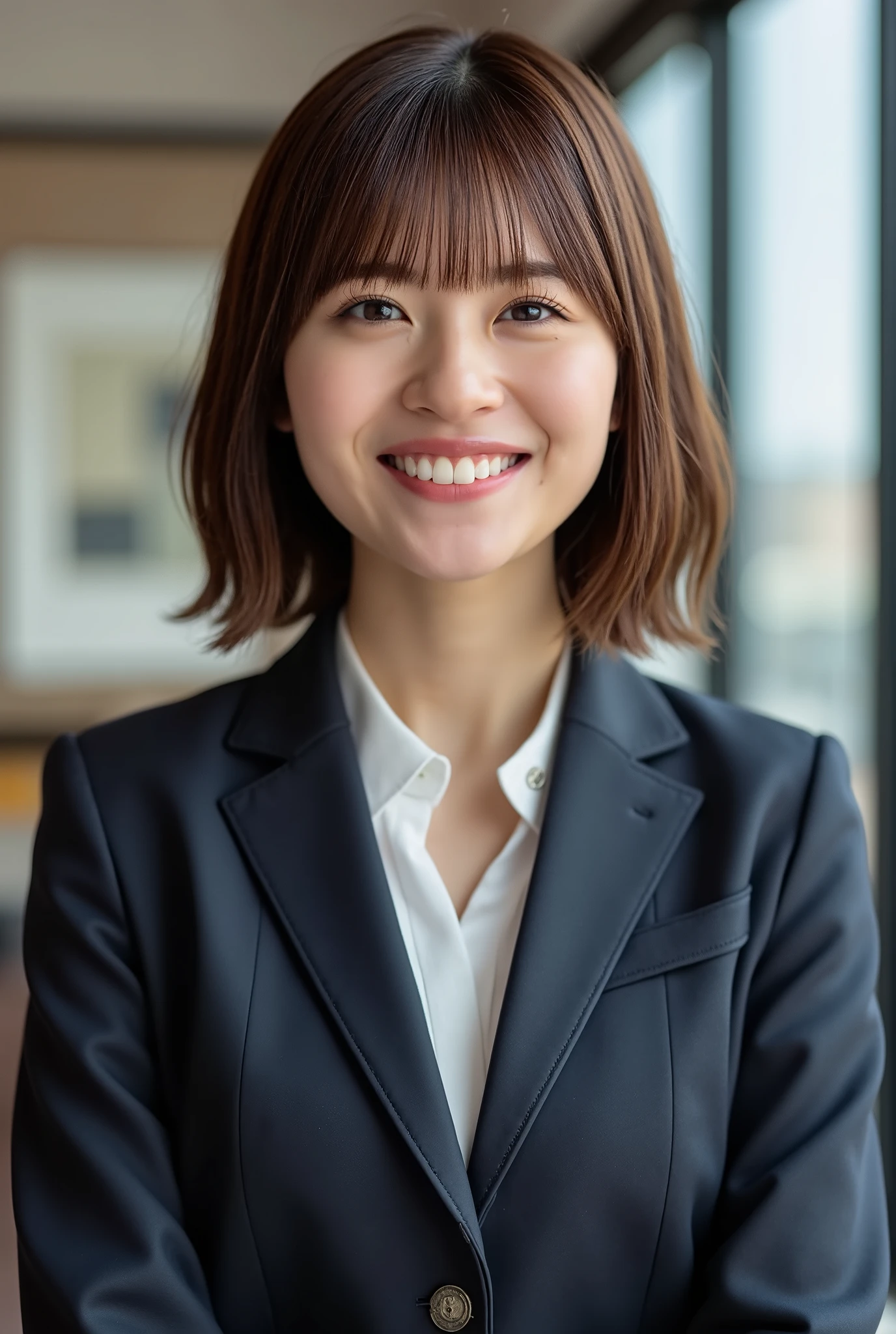 Neat Young Woman、and look at the camera、smile showing teeth、office lady suit、jacket、shirt、Hairstyle Shortcuts、 pale brown hair、dark eyeshadow、upper body、Background is in a room、