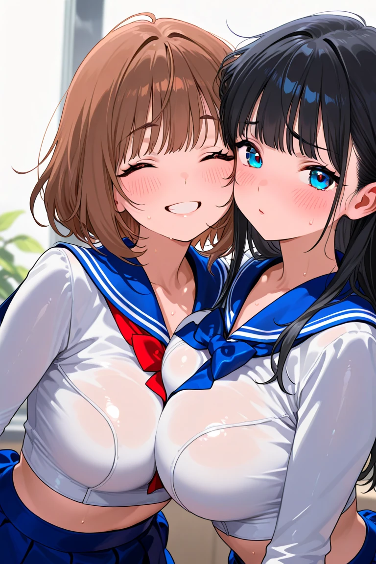 long_hair, breasts, blush, open_mouth, bangs, multiple_girls, skirt, large_breasts, simple_background, brown_hair, shirt, long_sleeves, white_background, bow, 2girls, brown_eyes, sitting, nipples, school_uniform, white_shirt, pleated_skirt, open_clothes, barefoot, serafuku, tongue, tongue_out, bowtie, black_skirt, sailor_collar, yuri, looking_at_another, red_bow, feet, legs, bare_legs, toes, wariza, soles, breasts_out, red_bowtie, licking