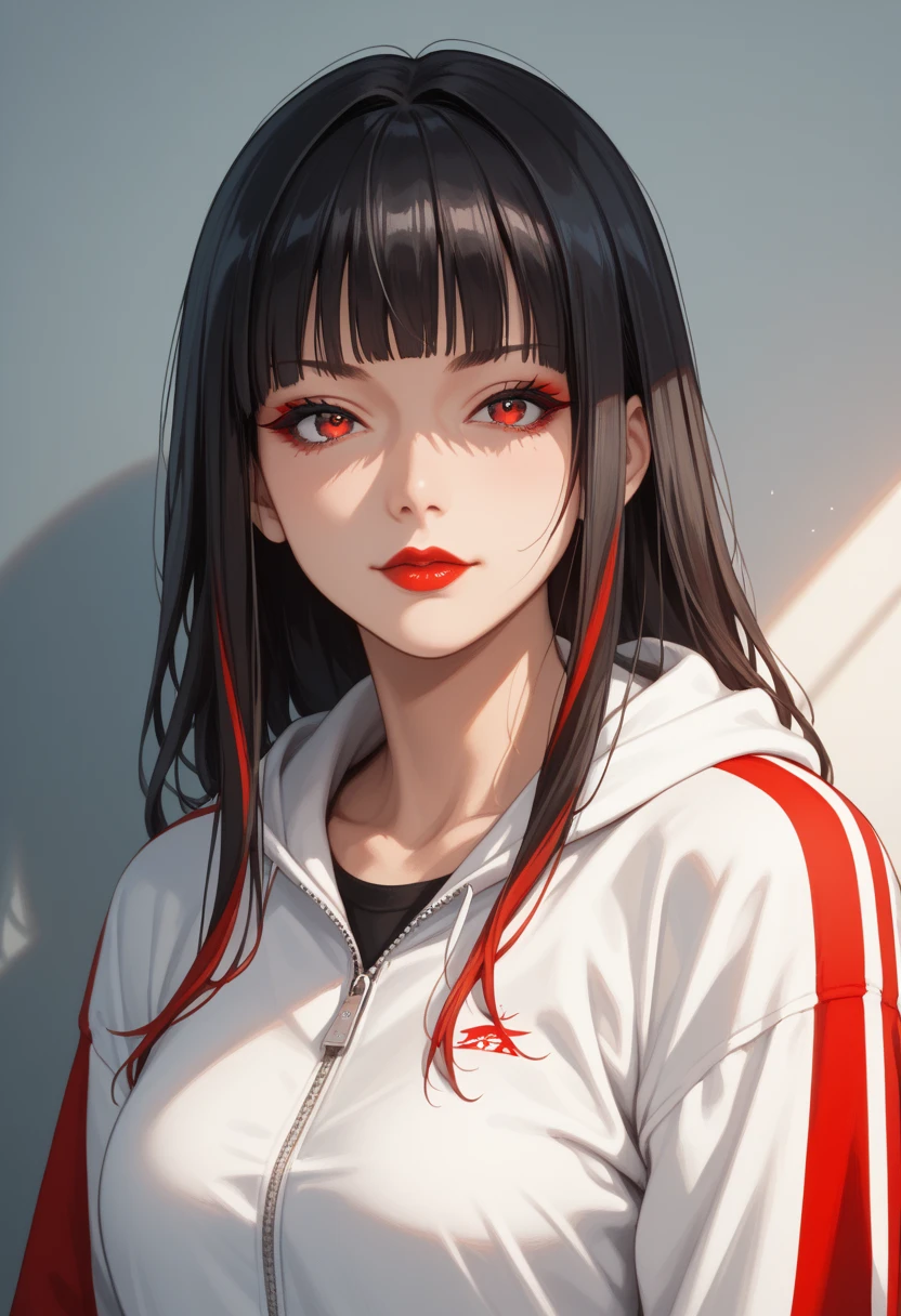 girl, black hair, blue eyes, white sleeve shirt,