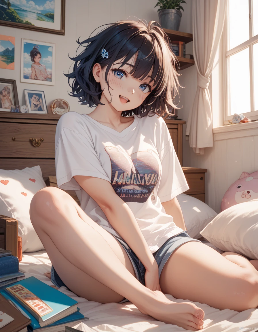(((masterpiece))), (((highest quality))), On the bed、T-Shirts、Half Denim、barefoot、Chest、Large breasts、blush
