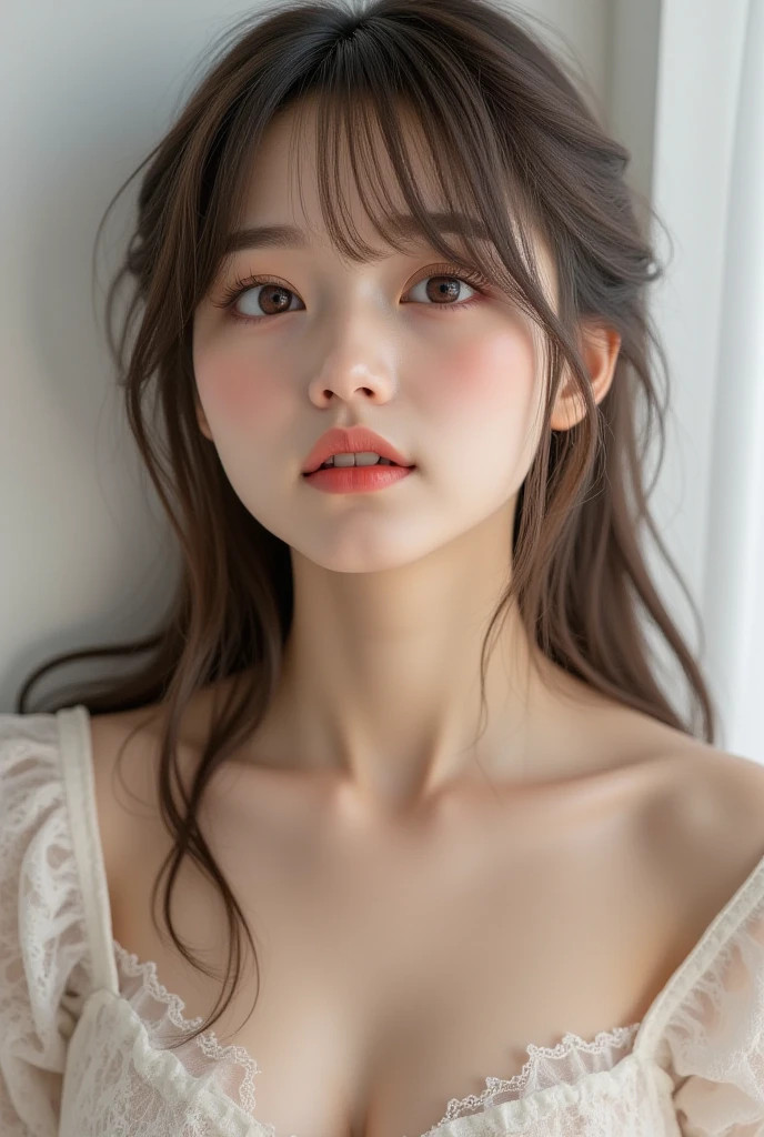 best quality, face focus, soft light, ultra high res, (photorealistic:1.4), RAW photo,
1japanese girl, solo, cute, (pupil, lights in the eyes),  detailed beautiful face, (small chest),(high resolution detail of human skin texture),
(long hair),
indoor,
Damask Shirt Dress,
(portrait)
