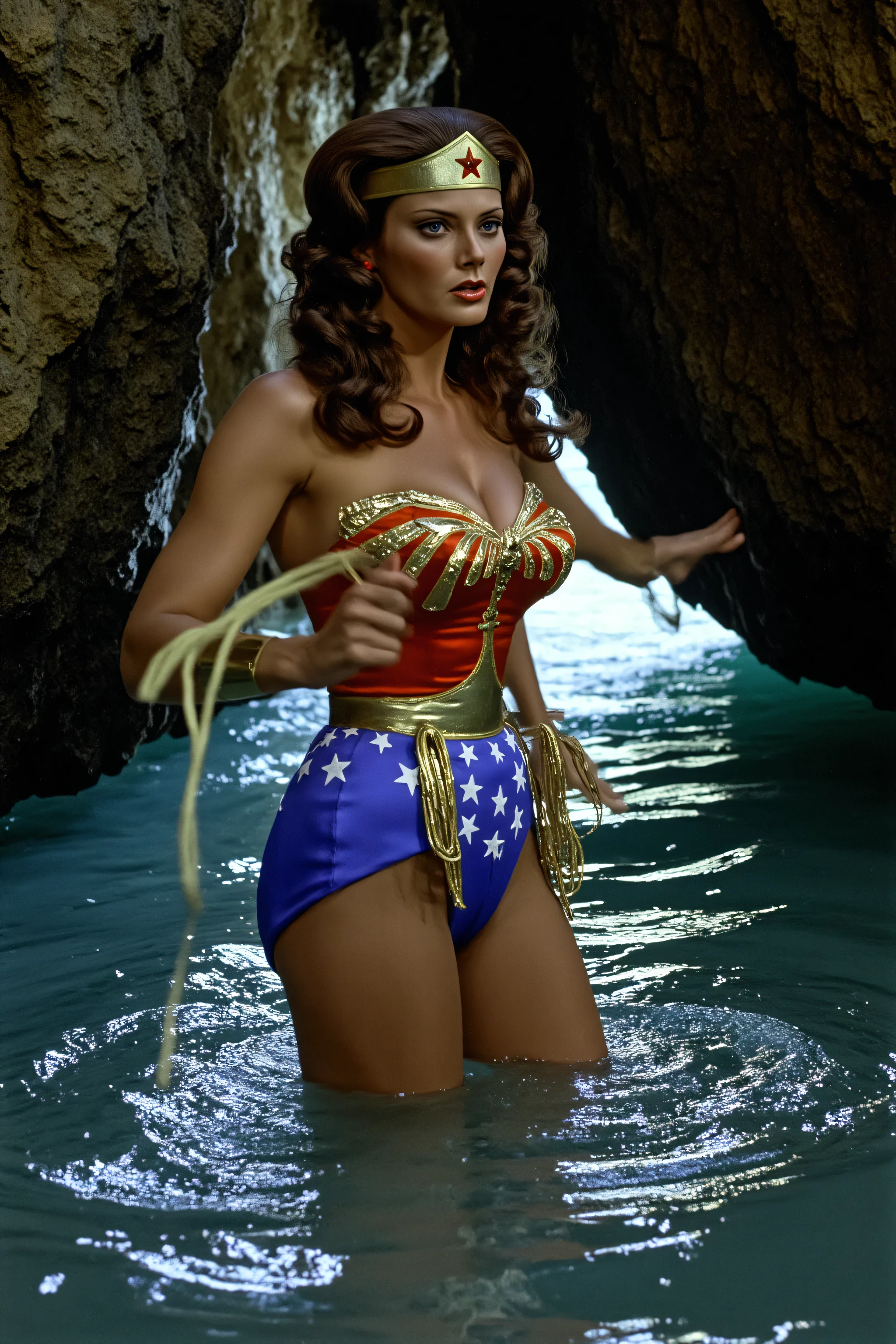 ¾ body of Wonder Woman waist-deep in rising tide inside a rocky sea cave, water glowing from sunlight filtering through cracks, soaked costume clinging to her, intense expression, lasso floating, rock textures highly detailed, natural wet lighting, 4K HDR.