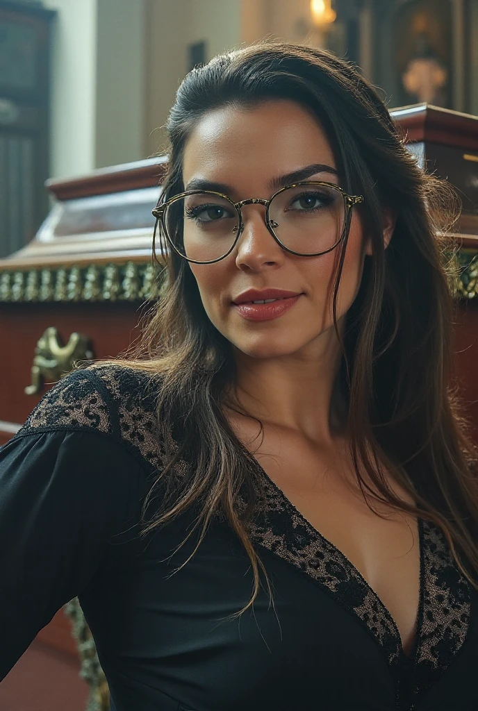 (insanely detailed, beautiful detailed face, masterpiece, best quality),brown eyes,black_framed glasses,ponytail, blonde necklace,vertical stripes,blackformal,cleavage,sexy pose, standing,smile,leaning forward, gotham,science fiction,indoors,