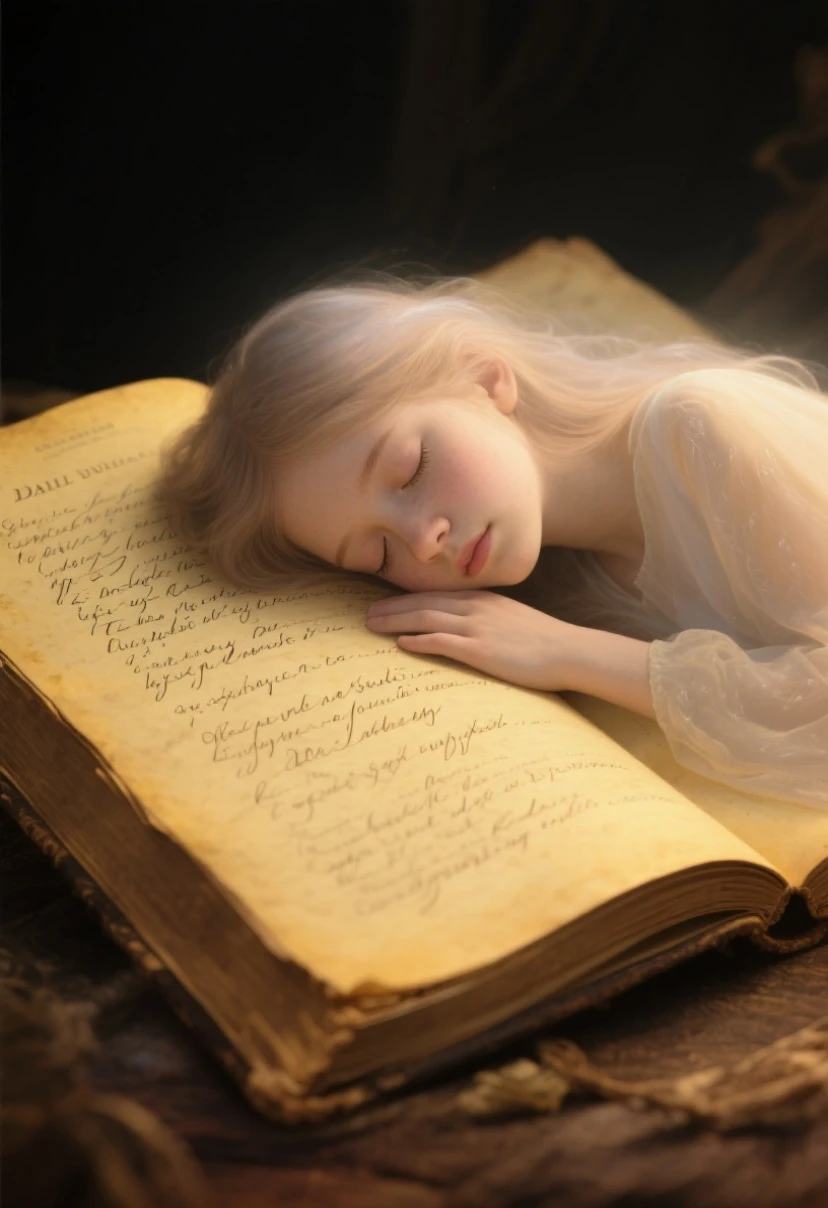 um delicado, an ethereal girl with traits Soft and a peaceful expression sleeps over the open pages of an old book. The pages are yellowed and filled with handwritten text. The lighting is soft and warm, creating a serene contrast with the dark background. x} The scene mixes realism with a subtle touch of fantasy, evoking peace , sabedoria, e sonhos.

"In the  of the word, adormeço em paz,
Time bends where the soul lies.
In the old pages, my dream lies,
While silence the heart rests.

Lyrics pack me in sweet song,
Old verses touch my ground.
Sleep in wisdom, so gentle and serene,
It is drinking from the source that the spirit beckons.

May I never wake up from such pure shelter,
Because in the eternal book, God sleeps with me."  DALL-E 