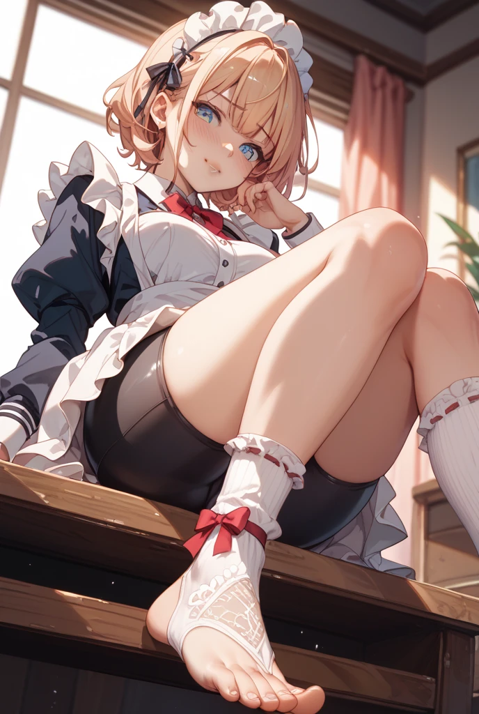 finest, masterpiece, High resolution, (Full body view from head to toe), Composition from the front and slightly below, symmetrical composition, Composition with accurate balance throughout the body、18 years old, slim and beautiful girl, alone, (small breasts), (not wearing shoes),messy hair, bangs, (black tights), (black pantyhose), (Sitting on the floor with legs apart), (A pose in which the legs are spread apart on the bed), tied up with both arms hidden behind the back, (Composition showing white panties), (her legs spread、I can see white panties.), (Open mouth with a pained expression), blush, shy big eyes, looking at camera, blazer uniform, plaid pleated skirt