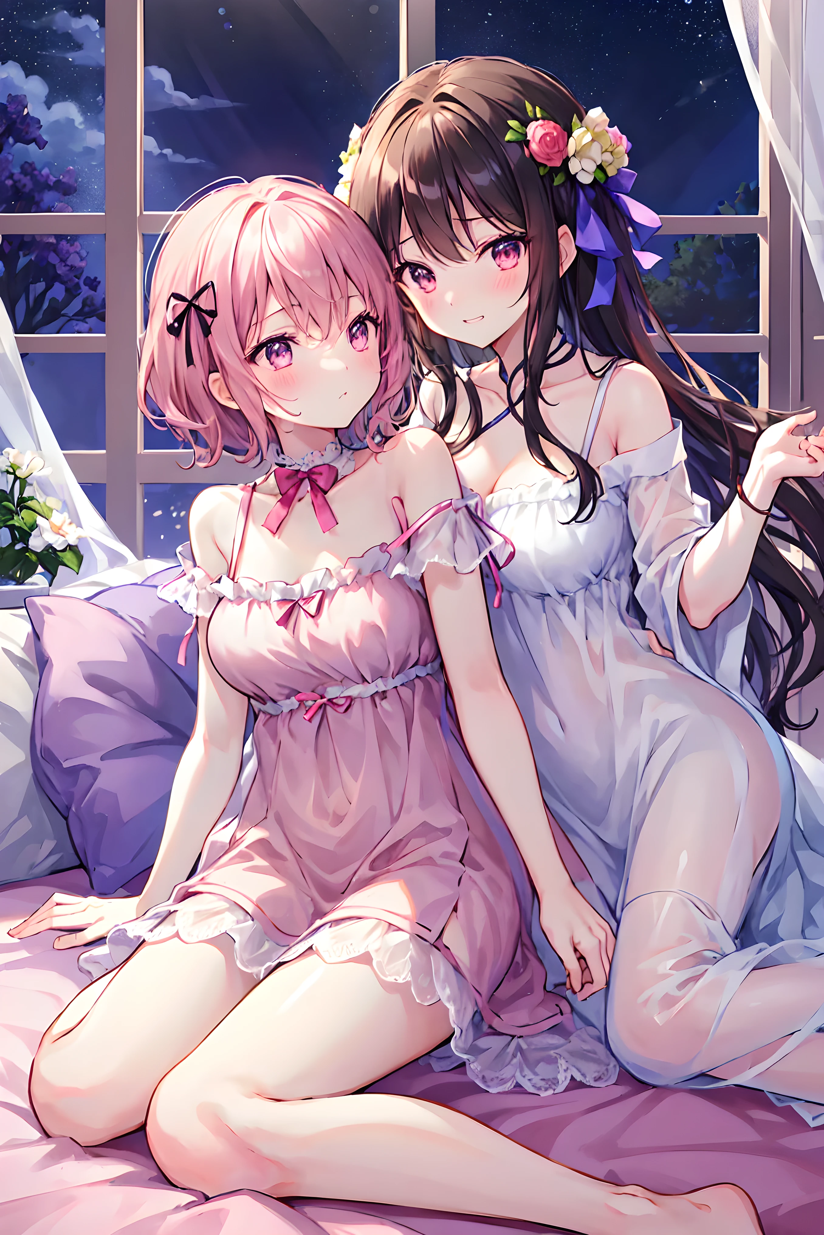 Brown Hair，Shortcuts，Messy Hair，Slender beauty，A dignified posture，小chest，Beautiful feet，Yuri , Multiple Girls, 2 girls, Yuri, dress, sofa, Long Hair, kiss, plant, Eyes closed, window, indoor, Sitting, Blurred foreground, on sofa, white dress, Blurred, Exposing shoulders, moon, potted plant, Written boundary depth, Sleeveless dress, Blonde, Sleeveless, chest, black dress, Black Hair, pillow, Bottle, Bare arms, full moon, night, Book, blush, very Long Hair, clavicle, chestの谷間, cup, bangs, null, Brown Hair, Wavy Hair, curtain, Spaghetti Straps, cushion, Particles of light, profile，high school girl ，、Brown Hairのポニーテール，フレンチ・kiss, barefoot，，小さいchest，Small Ass，beautiful profile，Clear limbs，Distinctive nose bridge，Anatomically correct limbs