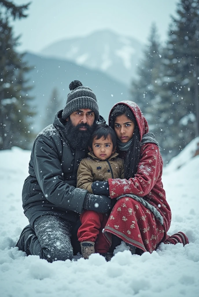 (masterpiece), (best quality), (photorealistic), 16k, detailed skin texture, detailed cloth texture, sweet face detail, intricate detail. Indonesian family photos; father(age 30); mother wears the hijab (age 25 years); girl with straight hair (7 years old), thin smile, clean face, thick clothes, warm clothes, boots, embracing each other, background of icebergs and the ocean in Antarctica, snowfall, very real