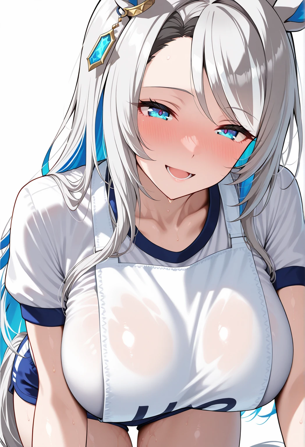 (anime style),masterpiece, best quality, extremely detailed,16Years old,tanned skin,dark skin, Beautiful body,tiny body,glass on breasts press,BREAK,multicolored colorful white hair,shaggy hair,very short hair,pigtails,BREAK,black eyes,black choker,shy smile,open mouth,half closed eye,detailed lips,BREAK,cotton blue big ribbon,garter belt,BREAK,bruma with vertical stripes,oversized bruma,gym uniform,break,head tilt,in school sports warehouse,sitting vaulting box,detailed crotch,