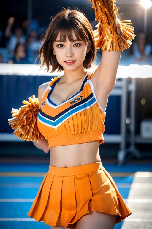 masterpiece,Highest quality,Very detailed,High resolution,(Realistic,photoRealistic:1.37),Excellent anatomy,One beautiful woman,18-year-old,height:152 cm,orange cheerleader,(Holding big pom-poms in both hands:1.5),Big smile,cheer leading,Cheerleader uniform,(shape),Micro Pleated Mini Skirt,No underwear,((Very delicate and beautiful)),((Stadium Background:1.2)),Brown Hair,Long Hair,bangs,Very beautiful face,Cute type,Big Natural Color Lip,Small and cute nose,Big and pretty eyes,Brown eyes,Obvious double,Shiny highlight spots around the eyes,Character Focus,Tilt your head,The best light,Best Shadow,mysterious,Perfect Face,Very detailed,Soft Skin,(Glowing Skin,Sweaty:1.3),Beautiful legs,Voluptuous thighs,Plump body,Huge breasts,(Expresses the roundness and softness of the chest area..........1),Beautiful body,(Perfect Woman),Lift your legs,Skirt flip,Bold sexy pose,((cheer dance pose:1.5))