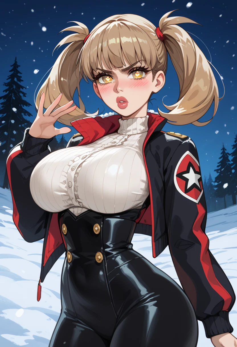 masterpiece, best quality, very aesthetic, absurdres, 1girl, mature_lady, hands cover breasts, upper body,,blue_mary(fatal_fury), snk, the_king_of_fighters, 1girl, bare_shoulders, blonde_hair, blue_eyes,  short_hair, bob_cut, sweat,crop_top, fingerless_gloves, large_breasts, midriff, navel, red sleeveless_turtleneck, blue denim pants, belt,snow land,floating_hair