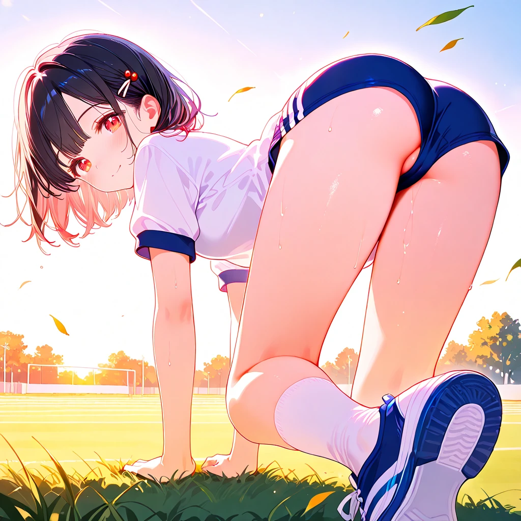 pieces fly、masterpiece、highest quality、Super detailed、High resolution、High resolution、8K portrait、Unity 8k壁紙のHigh resolutionCG、unity 8k wallpaper、cute type little:1.5、upon:1.5、Highly detailed CG unity 8k wallpaper、realistic、real person、cute type little、 portrait photography、shiny skin、High resolution、(:1.2)、(1 girl)、beautiful clear eyes、very detailed explanation、delicate face、nice lips、slender body、Same with big breasts thin waist、thin legs、((athletics stadium:1.8))、 1 girl, cute type, perfect face, seriously, (blush:1.5),((There are a lot of people nearby:1.4))、Same with big breasts, ((White short sleeve gym clothes :1.3))、((lower body nude:1.2)),(((I have nipples))), Detailed description vagina,show vagina,spread legs,spread ,((cum in vaginas:1.3))、((change:1.5))、((think back:1.5))
