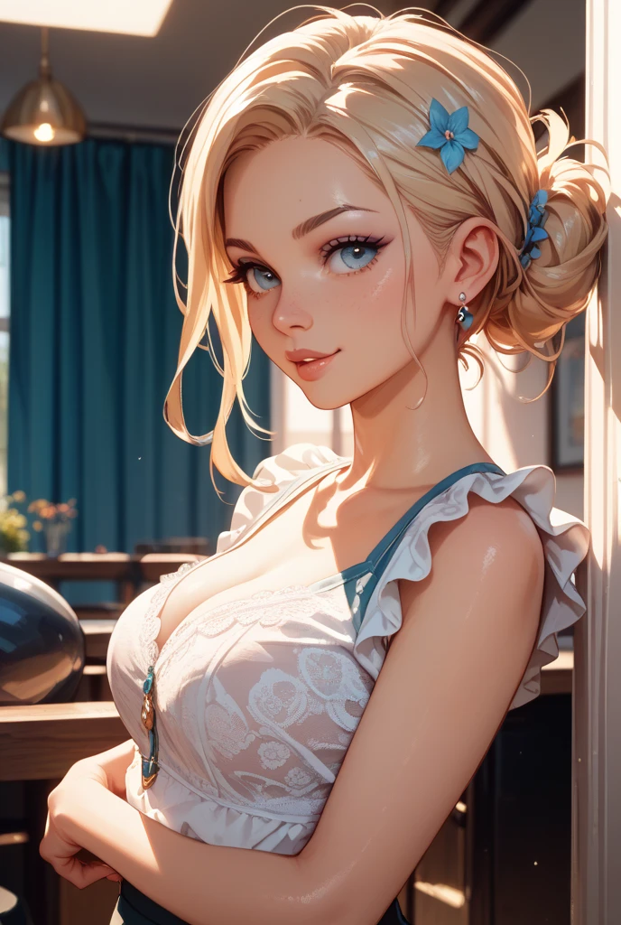 masterpiece, best quality, ultra-detailed, illustration, beautiful detailed eyes, 1girl, 22 years old, twin braided platinum hair, detailed balcony scenery, open chemise shirt, sunlight, cloudy sky, bigchests, microskirt, shy, smiling, full-face blush, heart-shaped pupils, add_detail:1, add_detail:0, add_detail:0.5, crop shirt, crop top