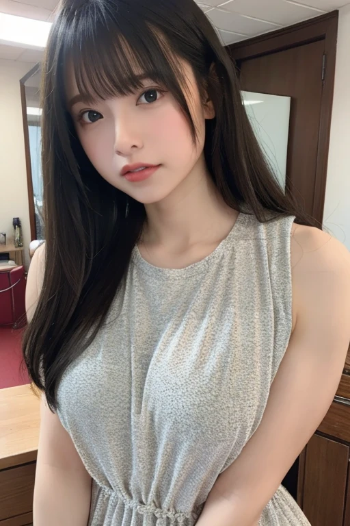 nsfw,Lunch with my cute G-cup high school sister at a fashionable cafe in Tokyo without a bra。Selfie taken with outstretched hands leaked on secret account。Selfie by the wall showing her  and pussy。A summery brand of clothing with a loose fit around the chest。Sitting。masterpiece, best quality, Real Image, Super detailed, fine details, High resolution, 8k,wall paper, perfect dynamic composition,(Details High quality, realistic depiction of eyes:1.3),