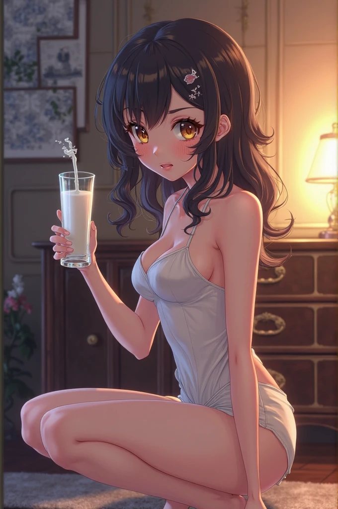 It was raining a 3D anime hot girl having large boobs and black bra drinking milk and sitting on sofa.
