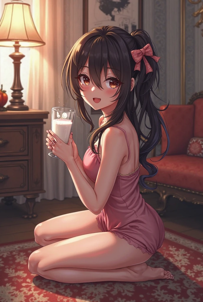 (((Masterpiece))),(((Super Detail))),(((in 8K))),(((best composition))),(((Rim lighting,Fireglow effect,deep shadow))),solo),Beautiful fingers,Detailed finger features,(Detailed hair features:1.7),(Dynamic and sexy bending pose:1.3),detailed facial features,detailed clothes features, (perky chest:1.1), (pointed chest:1.3), delicate beautiful face, Bright blue eyes, cute eyes, sparkling eyes, Big eyes, beautiful detailed eyes,(super detailed glossy skin:1.3),slender body,goddess smile,((with sparkling eyes and a contagious smile)),beautiful posture,have a cup of coffee,black hair, red eyes, dress, bare shoulders, jewelry, collarbone, sidelocks, hairband, earrings, indoors, off shoulder, sweater, arms behind back, plant, short hair with long locks, white hairband, off-shoulder dress, sweater dress, off-shoulder sweater, red sweater, big side hair:1.2, very long side hair, (super delicate floral pattern:1.2),seductive cleavage:1.3,beautiful glossy legs,shiny red high heels,lifting dishes with cakesd,french restaurant,hustle and bustle,rising steam of coffee,(((depth of fields))) 
