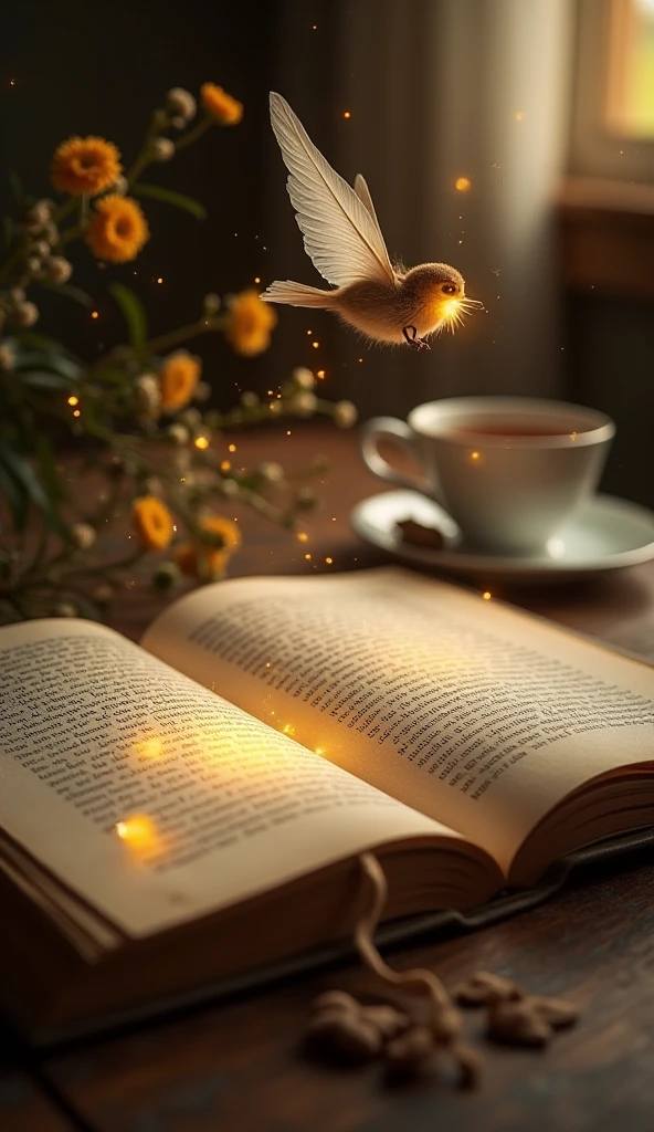 An old book of poetry opened on a wooden table, its slightly yellowed pages are covered with elegant verse. De petites créatures mignonnes et lumineuses, comme des fées, des lucioles et des esprits de la forêt, fly above the book in a magical atmosphere. The lighting is soft, with golden light emanating from the pages, creating a dreamlike and poetic atmosphere. Blurred background with some dried flowers, a feather and a cup of tea.