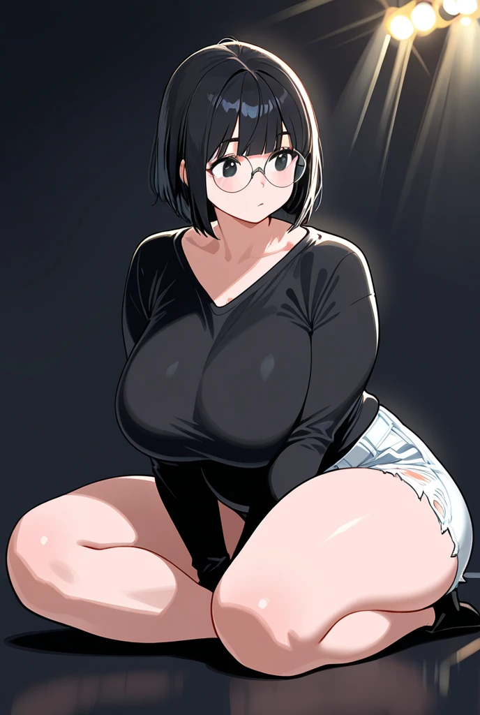 1girl、Big Breasts、Black Hair、Glasses、sweating、nsfw、Black sweater、jeans、sex