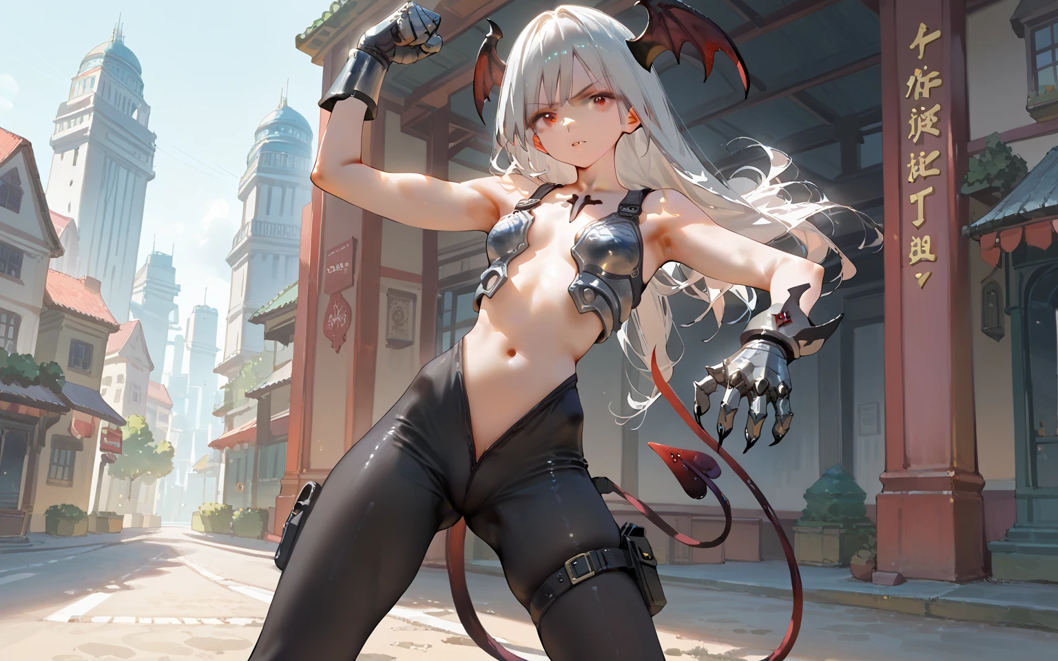 judgement(helltaker), black horns, white hair, 1girl, abs, ponytail, full body, red background, black pants, black jacket, gloves, fingerless gloves, dark skin, demon girl, high heels, black footwear, dark-skinned female, demon horns, red gloves, white eyes, pants, boots, underwear, tail, simple background, bra, muscular, jacket, black bra, demon tail, muscular female, horns, chain <lora:judgement:1>