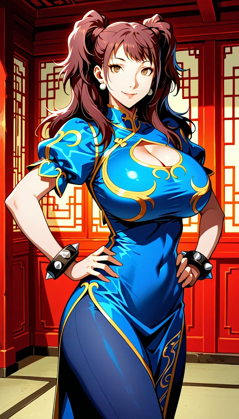 (masterwork, masterpiece, best quality, hyper-detailed),
1 girl, solo, 
p4rise, kujikawa rise, twintails, long hair, brown hair, earrings
Chun-li_SF6 cosplay , 1girl, solo, double bun, brown eyes,china dress, blue pantyhose,bracelet,black footwear,sexy pose,classesroom,gigantic breasts,dynamic view,chinese temple background,hand on hips,smile,looking at viewer,cowboy shot,confident,cleavage cutout