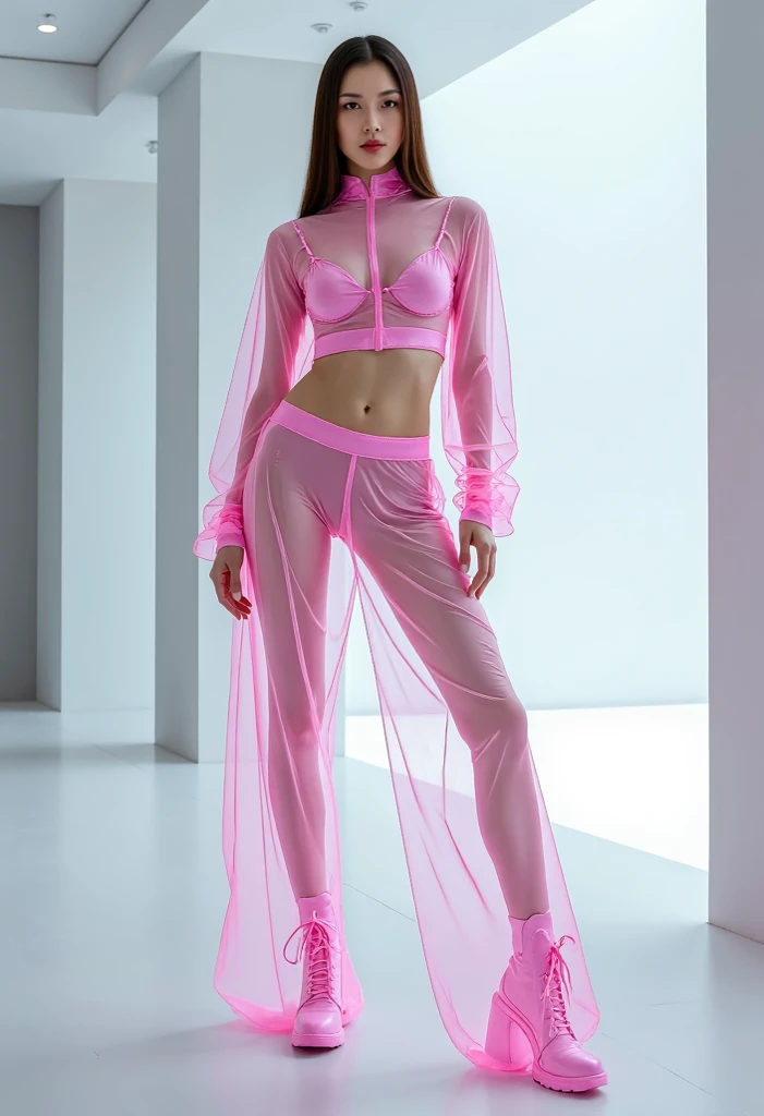 ( full body portrait:1.6),pink hijab, female, see through boots futuristic, (cameltoe, pussy, topless, bottomless)