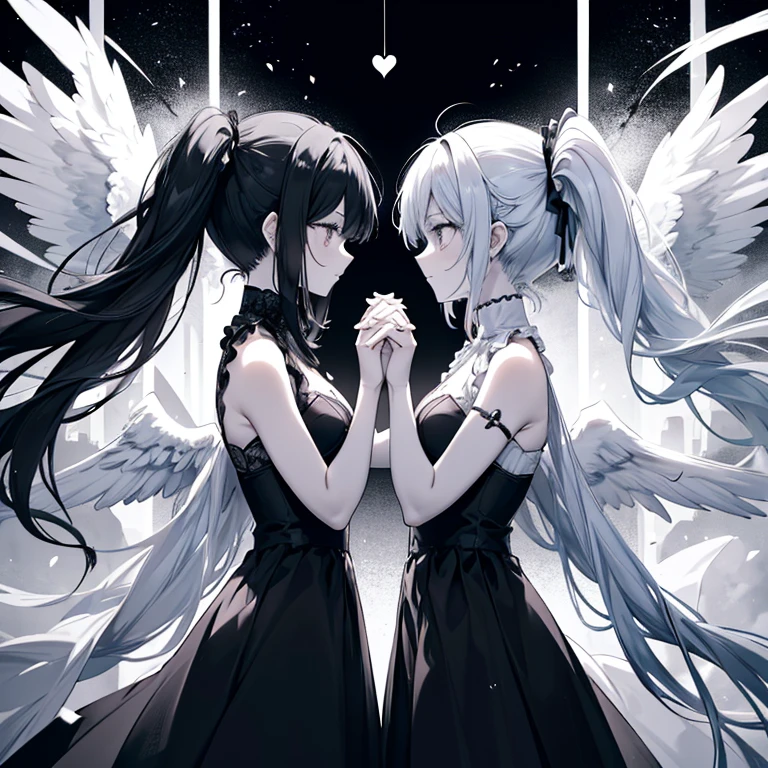 Two Women((Facing each other,Put your hands together)) background((Center Part,Black and White,1:1)) Parallel world,Anime-style archangel of despair and happiness,Contrasting Fallen Angels, Angels and Demons, One is an angel(All white), One is the devil(All black), Angels have pure white wings,The devil has pitch black wings