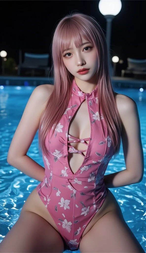 8K, top-quality, masterpiece:1,2), (reallistic, Photorealsitic:1.37), Super Detail, One girl,), (Highly detailed), (beautifully detailed eyes), (of the highest quality), (super detailed ), (masterpiece), (Detailed face),20yr old, ,1 girl, ((pink hair,long hair)), medium breasts, clothed, Perfect Lighting, BREAK,
(light pink:1.2), (dark blue:1.2), (small floral patterns:1.2), (shiny fabric:1.1), (one-piece swimsuit:1.5), (long-sleeved rash guard:1.3), (light support bikini top with pads:1.4), (high-waisted bottoms:1.4), (loose-fitting:1.3), (large ribbon on chest:1.2), (small ribbons on hips:1.2), (frills on chest:1.2), (pearl details:1.1), (bead details:1.1), (pastel-colored beach sandals:1.2), (flower-shaped sandals:1.2), (shell necklace:1.1), (pearl bracelet:1.1), BRAKE, (upper body and knees:1.2), (long wavy hair:1.2), (shoulder length hair:1.1), (smile:1.3), (facing forward:1.2), (looking up:1.1), (looking at viewer:1.5), (seiza:1.5), (sweat:1.5), (touching swimsuit ties:1.1), (one leg forward:1.1), (bright facial lighting:1.3), (hair highlights:1.3), (poolside:1.2), BRAKE (sweat:1.2), (steam:1.2), (looking at viewer:1.3)