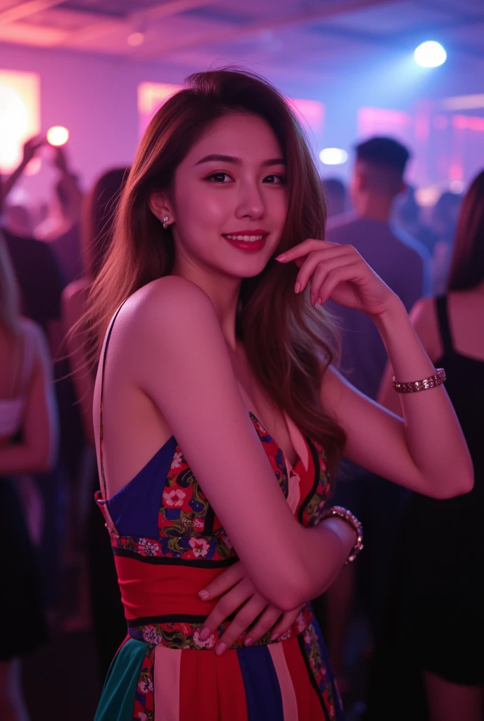 Portrait MagMix Girl looking at the camera, Long Hair, Work in a cabaret club,smile,dress,night