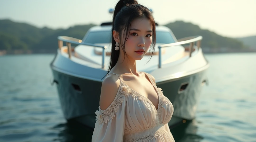 araffe woman sitting on a dock with a long black hair, 30-year-old woman from cuba, dilraba dilmurat, gorgeous lady, gorgeous woman, real photoshoot queen of oceans, stunning woman, summer evening, elegant pose, at golden hour, amouranth, a beautiful woman in white, at sunset, ekaterina