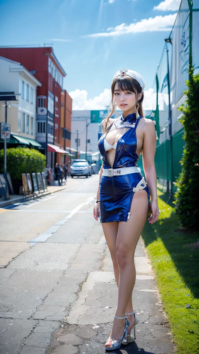 A super heroine (nurse themed outfit, athletic, amazing eyes, tool bag for surgery) in a heroic pose, aliens invade Tokyo