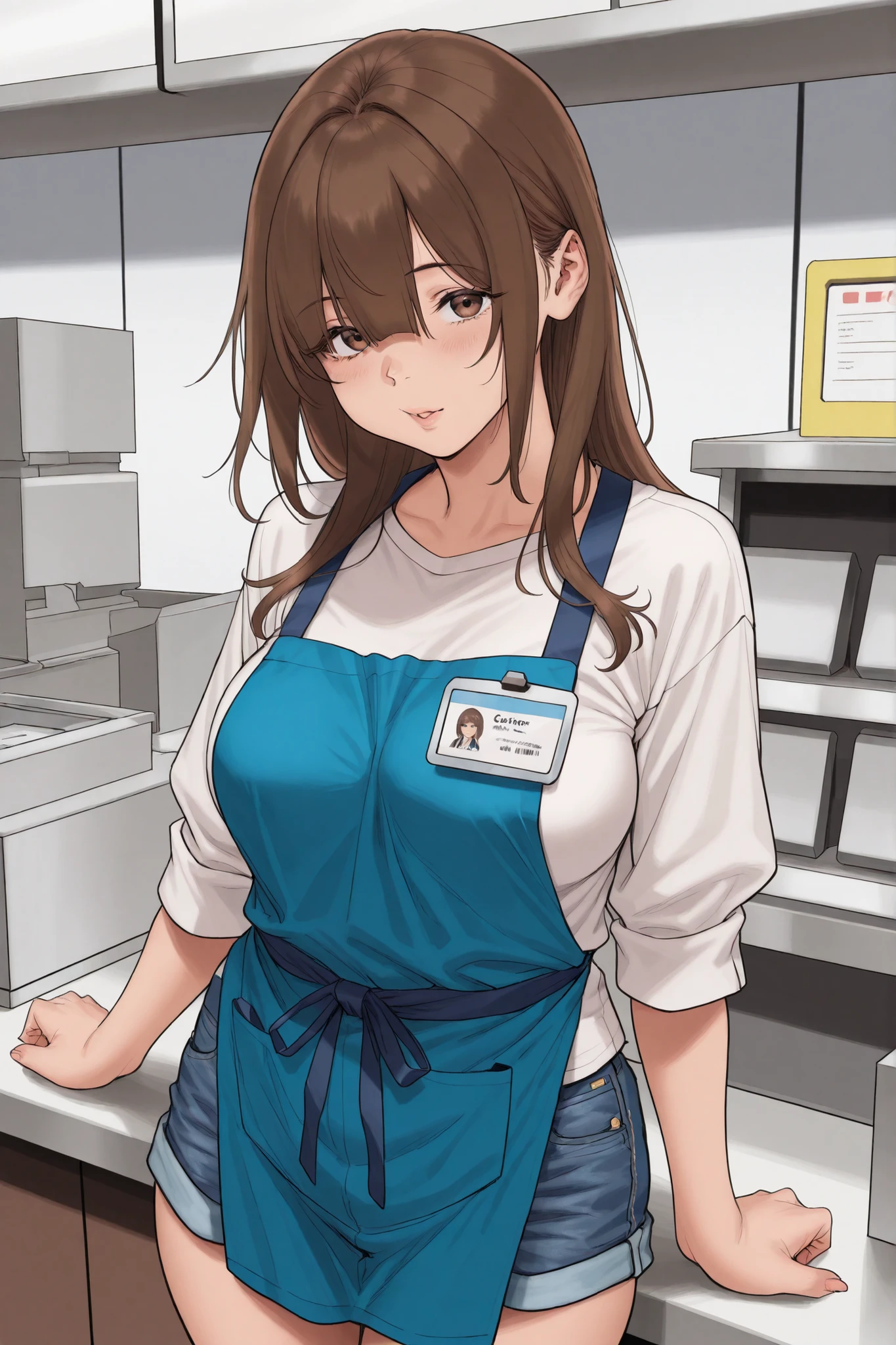1 cashier girl, loose brown hair, long bangs, voluptuous, medium breasts, white shirt, blue apron, denim shorts, id card, store cashier