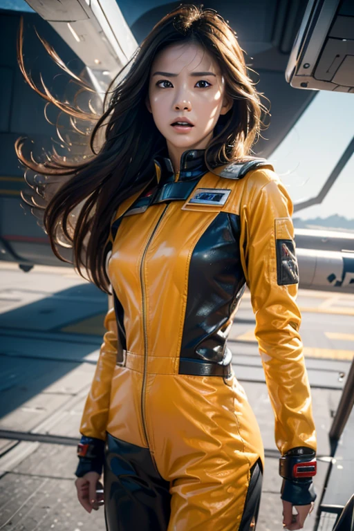 "mulher com um visual realista, pale skin and long, dark hair, yellowish brown eyes and serious expression, wearing a utility jumpsuit in a futuristic setting"
