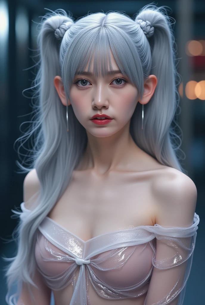 Leaning against the window, sad, Silver Hair, Hair bangs, Cat Ear Headband, Shiny Hair, Skin pores, Glowing Skin, In the room, Rain outside the window, night, Lovely, beautiful, naked