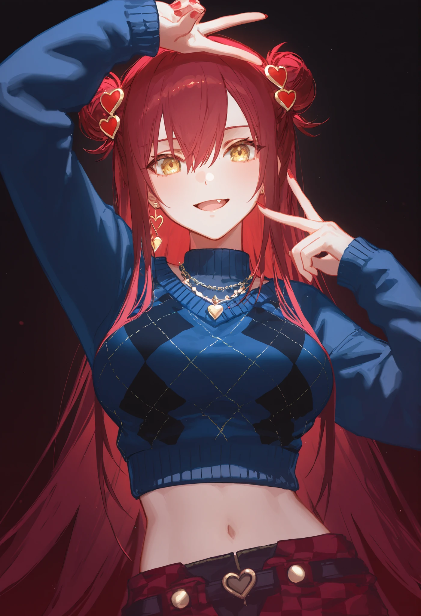 [artist:WANKE|artist:free_style |[artist:ningen_mame]|ciloranko],

1 girl , golden eyes , very long hair , long sidelocks, red hair , petite , very cute , beautiful ,Straight hair, cool, handsome, hair between eyes, sexy, large breasts, argyle clothes, argyle sweater, arm up, blue sweater, checkered clothes, double bun, earrings, fang, hair bun, hair ornament, heart, heart hair ornament, jewelry, long sleeves, looking at viewer, midriff, nail polish, navel, necklace, open mouth,  smile, solo, sweater, v,  tatsuroumaru, project sekai