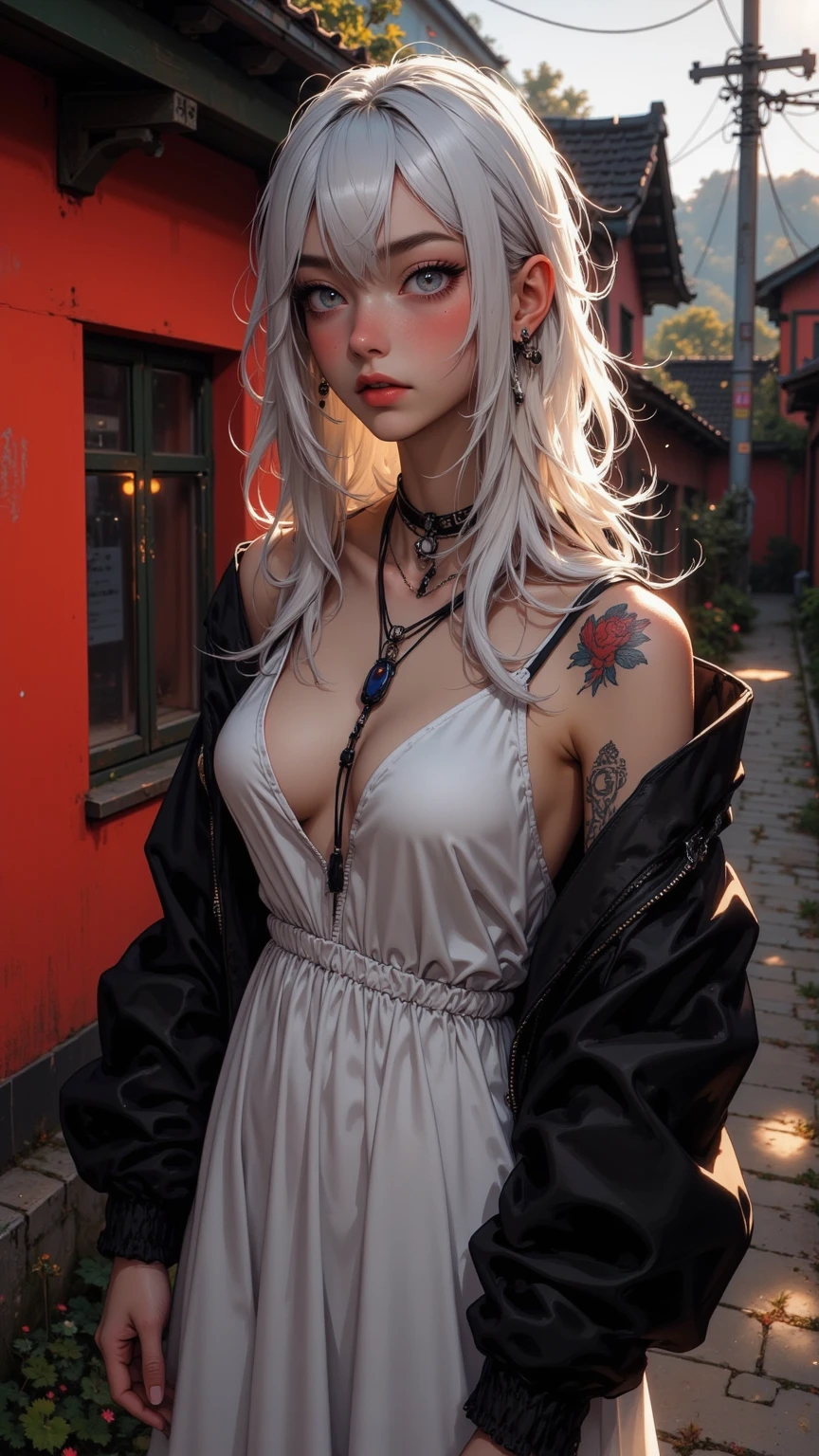 1girl,solo,1girl,solo,((beautiful detailed eyes)), (detailed light),depth of field,(white hair),silver eyes,hair over one eye,(red flower ), hair flower,long hair,black cloak,wet,emotionless,looking back,night,starfall,raining,fog,red flowers falling,sketch,upper body,intense shadows,Beautiful nipples,Put a slit in the pussy,Small breasts,Almost flat bust,