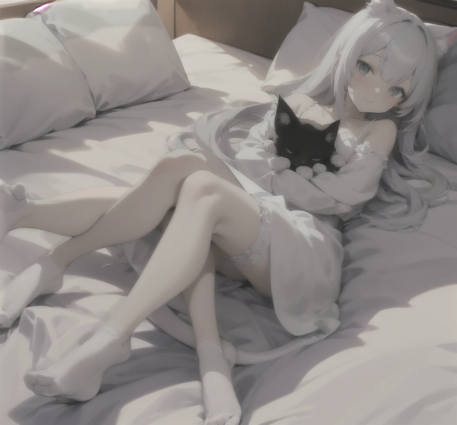white long sleeve shirt,Shirt length to thigh,Bare shoulders,Cat ears,shyexpression,Hands hang at your sides,Open white shirt,Shoulders exposed,Cute ,long whitr hair,Leaky shoulders,Barefoot,head looking up,shift dresses,white panties,largeeyes,Anime cute face,Lolig white socks,Masturbation,White hair,long whitr hair,white dresses,on top of the bed