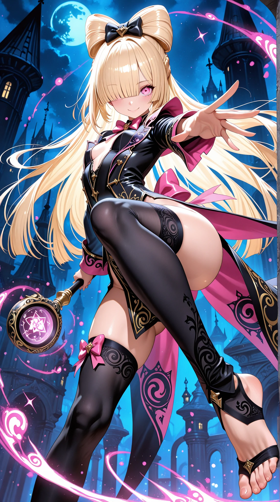 She is a cyanwith light blue lips, black pupils with highlights, and three eyelashes per eye. She has slightly bushy and curved straight blonde hair and wears a purple headband with a magenta flower, a purple dress with a magenta neckerchief, a magenta belt, and dark purple sandals. SPARKLE; GLITTER