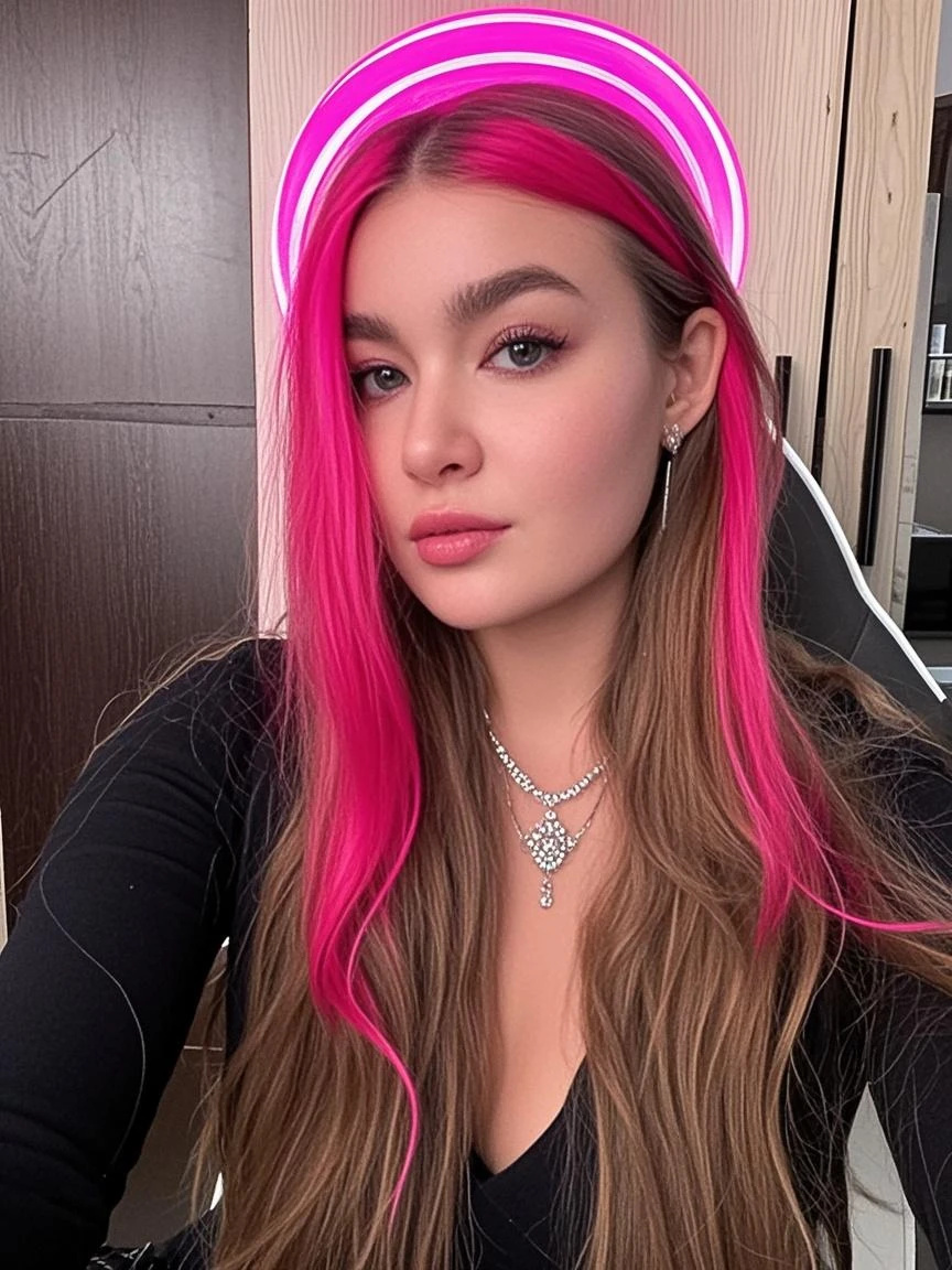 Meet Luna Rose, a digital influencer in her early twenties with fair English skin and vibrant pink hair styled in a chic, tousled bob. She has sharp, well-defined eyebrows, large, sparkling eyes, a slightly upturned nose, and full, naturally glossy lips. Her radiant, dewy skin highlights her high cheekbones, adding elegance to her edgy-chic style. Luna's wardrobe blends bold, statement pieces with sophisticated fashion, accessorized with eye-catching jewelry and handbags. She exudes confidence, charm, and authenticity, captivating a young audience with her creative, fashion-forward content on Instagram, TikTok, YouTube, and Twitter.