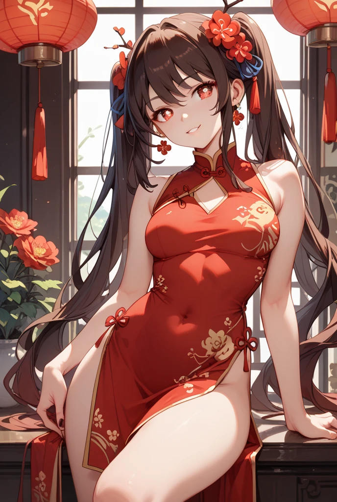 (((depict little girl))), long brown hair, straight hair, brown eyes, Chinese jewelry, stand up, cooking, small breasts, shy, focused, (nice hips), (show hips), (open hips), (((ftight chinese dress))), red dress, (no underwear), (show breasts), (shape of the nipples), (Masterpiece, Excellent, complex details), delicate girl, delicate face, make up