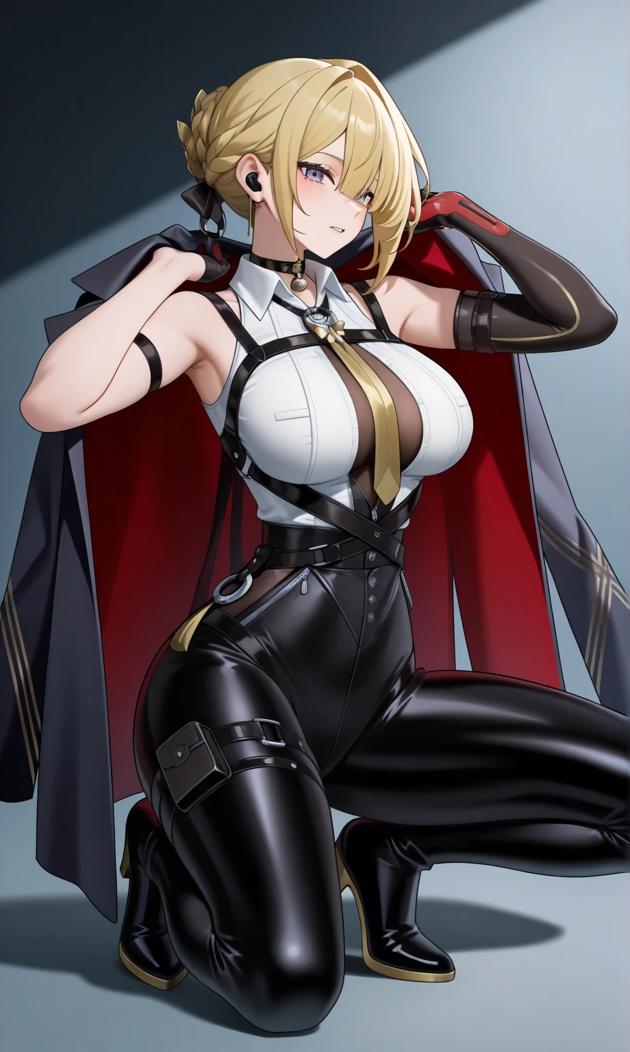 
Visualize a gender-swapped Sanji from *One Piece* reimagined as a powerful and stylish dominatrix. Her blonde hair is styled in a sophisticated, sleek bob or a dramatic high ponytail, enhancing her commanding presence. Her bright blue eyes are intense and assertive, reflecting her confident and authoritative demeanor.

She is dressed in a dominatrix-inspired outfit with the following features:

- **Top:** A black, form-fitting corset or leather bustier that accentuates her figure, with intricate lacing details and adjustable straps. The corset features silver or gold hardware, such as buckles or studs, adding a touch of elegance and edge to the outfit.
- **Bottoms:** A matching high-waisted leather skirt or pants that are snug and stylish. The skirt or pants might include zip details or studded accents, providing both a functional and fashionable look. The design is both edgy and refined, fitting her commanding role.
- **Footwear:** She wears high-heeled, black leather boots that reach mid-thigh or knee-high, with laces or buckles that add a dramatic flair. The boots are both practical and stylish, designed for a bold, impactful appearance.
- **Accessories:** She sports a pair of black leather gloves with fingerless tips, allowing for both elegance and practicality. Additionally, she may have a chic, black choker around her neck with a subtle yet striking pendant or charm.
- **Details:** The outfit includes a whip or riding crop, held confidently in one hand, and perhaps a matching leather belt with an array of functional and decorative elements. Her overall look is both commanding and polished, capturing the essence of a dominatrix.

**Additional Details:**

- **Pose:** Sanji’s pose is assertive and confident, perhaps standing with one hand on her hip and the other holding the whip or riding crop. Her expression is fierce and authoritative, embodying the commanding presence of a dominatrix.
- **Background:** The setting could be a stylish, dimly-lit room with luxu