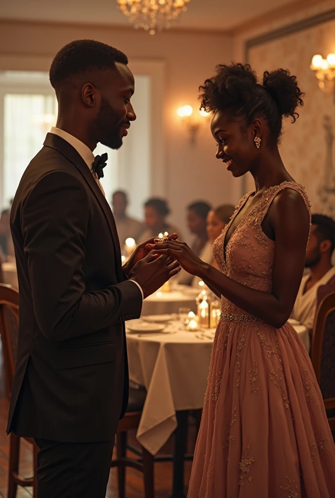 Generate an image of a black handsome man and a slim black woman arranging flowers at a luxurious interior setting and laughing