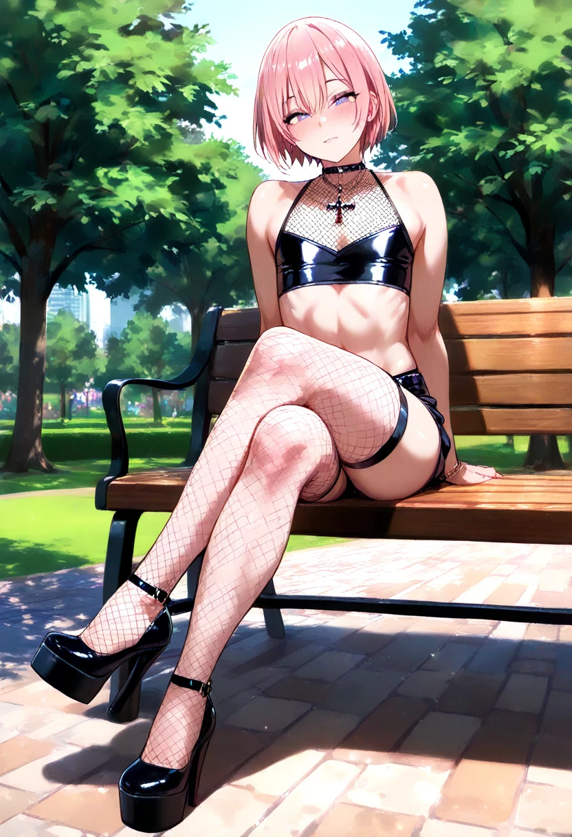 ((full body:1.4)), ddlcnatsuki, ddlcnatsuki, fang, hair ornament, pink hair, (purple eyes:1.1), short hair, short sidetail, swept bangs, x hair ornament, BREAK blazer, blue skirt,((black bikini:1.4)), x hair ornament, ((sitting on bench:1.4)), ((outside background:1.4)), ((medium breasts:1.4)), ((Brown loafers:1.4)) BREAK looking at viewer, BREAK indoors, classroom, BREAK (masterpiece:1.2), best quality, high resolution, unity 8k wallpaper, (illustration:0.8), (beautiful detailed eyes:1.6), extremely detailed face, perfect lighting, extremely detailed CG, (perfect hands, perfect anatomy), ((show teeths:1.4)), ((sky from bellow:1.4)), ((view from below:1.4)), ((black thighhighs:1.4)),