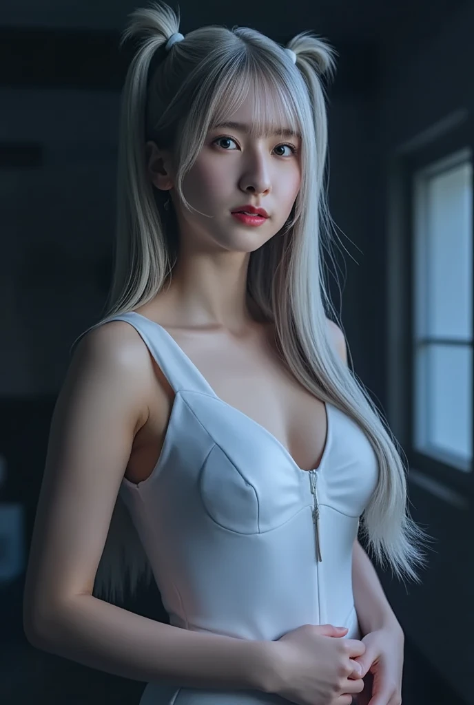 RAW photo, masterpiece, best quality, (1girl), 20yo, studio, cool pose, sexy black dress, stunning beauty, close-up portrait, waist high portrait, off shoulder dress, white hair, messy hair, studio light, cinematic, ultra realistic, photorealism, dark background
