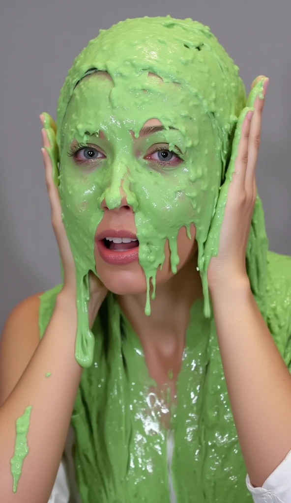 8k, HD, masterpiece, photo-realistic, extreme texture, (21-year-old Korean model: 1.4), (1 woman: 1.2), kneeling on the floor, view from above, she looks up at camera, sludge drips down into her open mouth