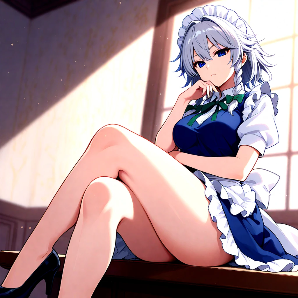 girl,thin,Navel exposed,barefoot,spread legs,white hair,red pupils,kitchen,apron,Bare buttocks,