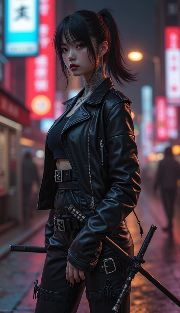 bounty hunter in latex leggings and a leather jacket