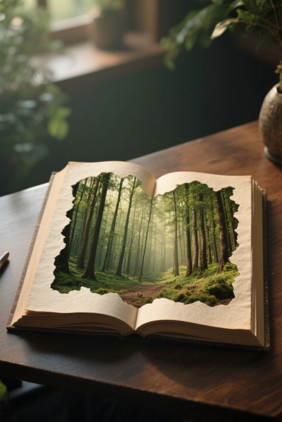 an open book with a forest scene on it sitting on a table, story book realism, story book art, in picturesque forest diorama, fantasy book, detailed book illustration, story book wide shot :: High definition, story book, complex history, the art of books, fantasy book illustration, story book, open the shining magic book, an open book, enchanted and magical forest